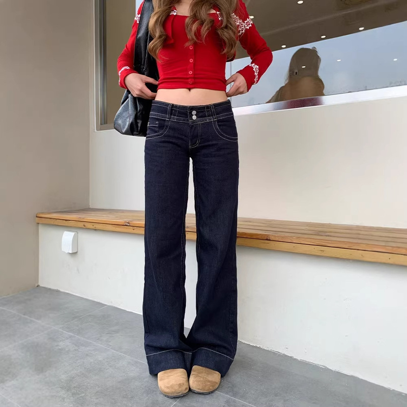 Denim Blue Jeans for Women, Narrow Fit, Slightly Flared, Spring and Autumn Style, Low-Waisted, American Style, Petite, Trendy Pants for Women