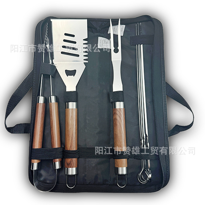 Juego de herramientas de barbacoa de mango de tubo grande de acero inoxidable de grano de madera Combinación de herramientas de barbacoa para exteriores Juego de barbacoa para hornear