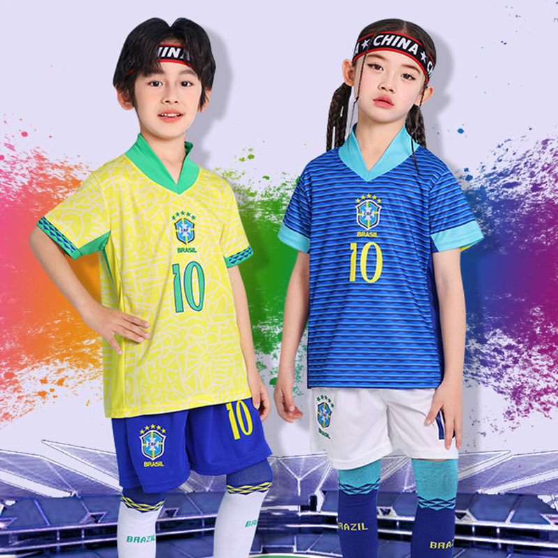어린이 축구 유니폼 정장 소년 소녀 브라질 팀 유니폼 스타 No. 10 저지 반팔 축구 훈련 의류