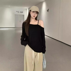 大きいサイズの太ったmmのデザイン感の斜めの襟の上着の女性の秋の甘くて辛い長袖のtシャツ
