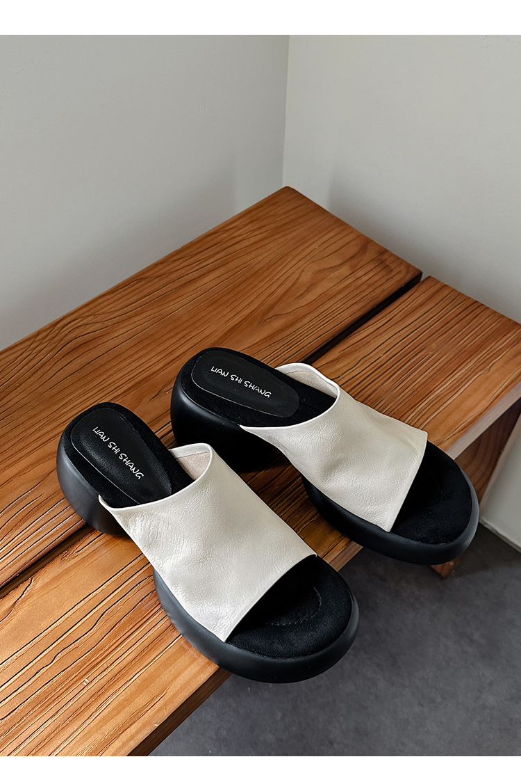 Dép lê nữ da cừu đế dày 7 cm, sandal hở mũi tăng chiều cao — đen chi tiết 17