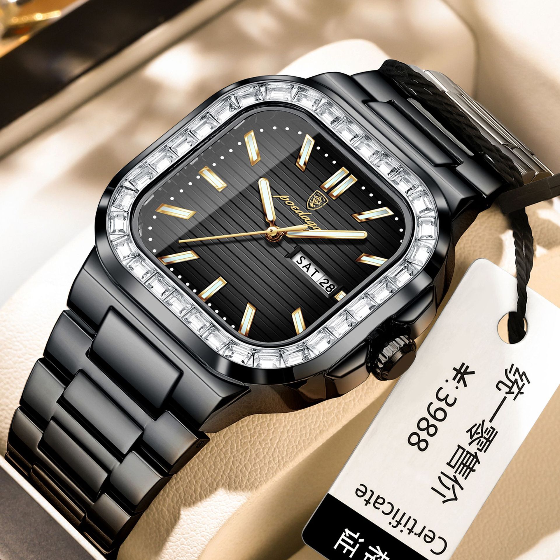 Poedagar Luxury Men's Watch Trendy Diamond-Encrusted Dual Calendar Waterproof Quartz Watch Live Broadcast Export Popular Watch