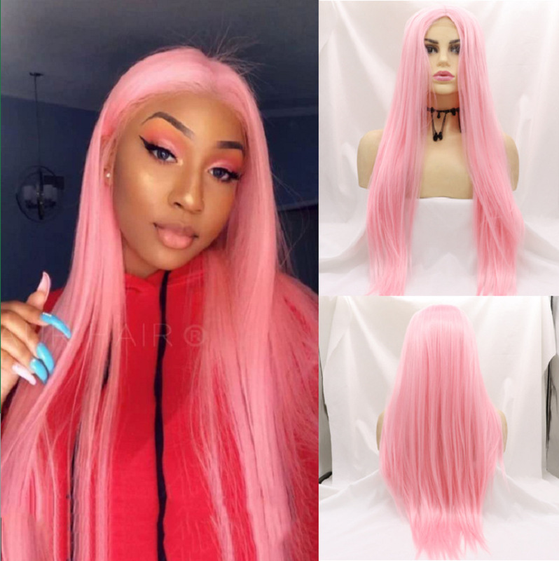 European and American Cross-Border Lace Front Pink Long Straight Wig with Middle Parting, High-Temperature Fiber Women's Wig, Small Lace Wigs