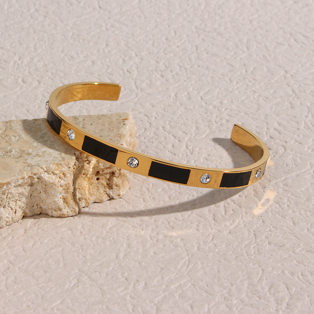 Fashion Stainless Steel 18K Gold Plating Rectangular Zircon Drop Oil Open-Ended Bracelet