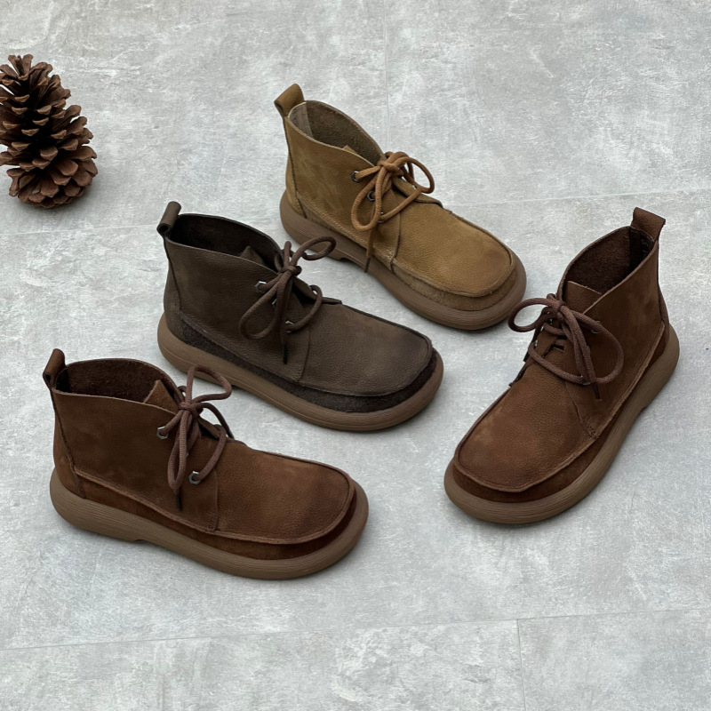 Retro Handmade Genuine Leather Short Boots for Women 2025 Autumn and Winter New Round Toe Flats Bottom Short Tube Lace-Up Soft Cowhide Boots