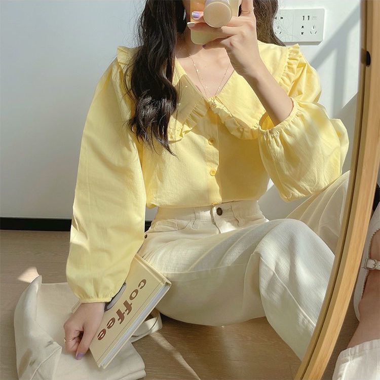 女性用ミルクイエロー長袖シャツ春フレンチレトロドールカラートップデザインニッチミルクスイートシャツ|undefined