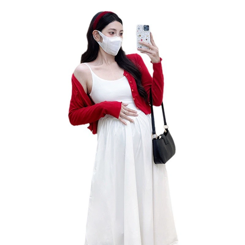 Сезонное красное Slip Dress для беременных, кардиган, французский стиль, яркий запоминающийся стиль, обтягивающий