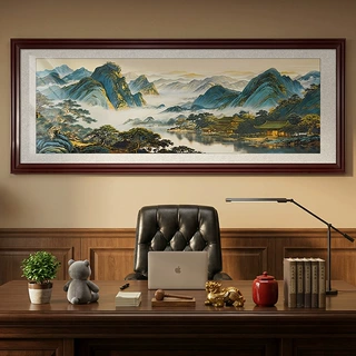 中式挂画沙发背景墙山水画客厅东西墙风景画茶室装饰画办公室壁画