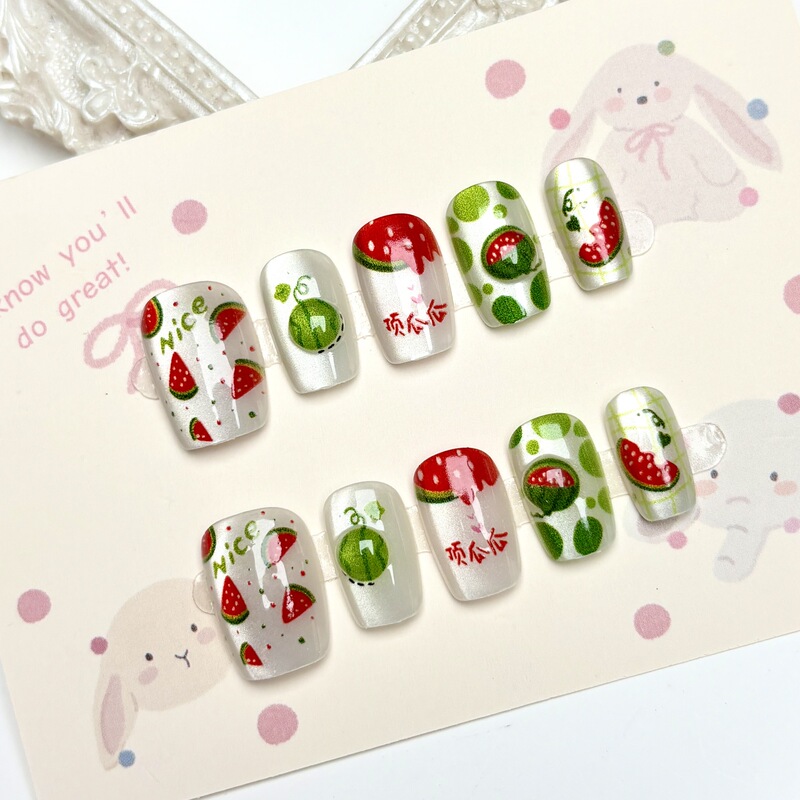 Cute Cartoon Watermelon Summer Fresh Wearable Nail Cat Eye Three-Dimensional Childlike Nail Art Patch Niche High-End Cute Cartoon Watermelon Summer Fresh Wearable Nail Cat Eye Three-Dimensional Childlike Nail Art Patch Niche High-End