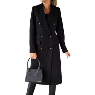 Women's Spring 2023 New Amazon cross-border coat versatile woolen coat solid color long sleeve double breasted pocket