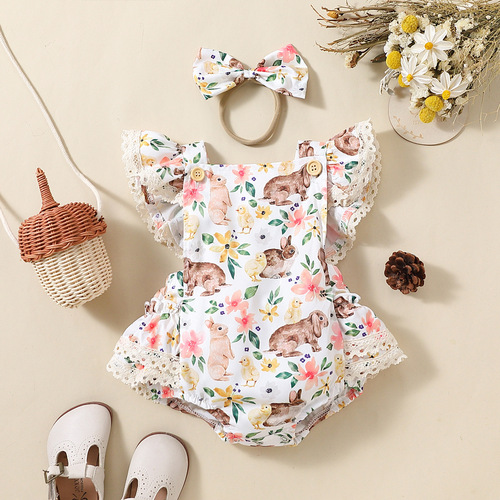 AliExpress Amazon Baby Girl Easter Rabbit Lace Sleeve Three-Layer Cake Triangle Climbing Suit + Headband