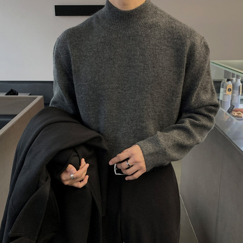 Half Turtleneck Knitwear 2025 Spring and Autum New Men's Loose Korean Style Trendyy Hong Kong Style Pure Color Bottoming Knitwear Top
