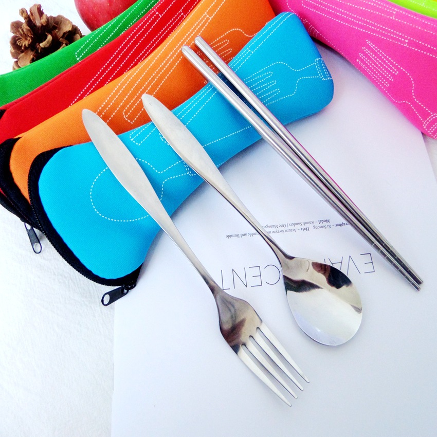 创意枕型布袋三件套餐具 不锈钢勺叉筷子 户外枕头包野营礼品餐具