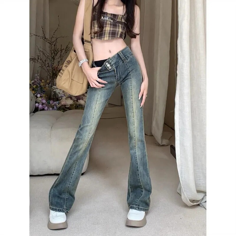 美式复古辣妹高腰微喇牛仔裤女设计感秋季直筒修身显瘦喇叭长裤潮|undefined