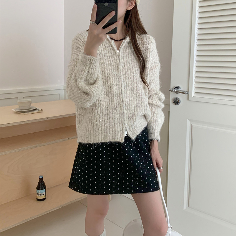 秋冬新款连帽拉链针织外套慵懒风宽松外穿毛衣开衫女休闲百搭上衣|undefined