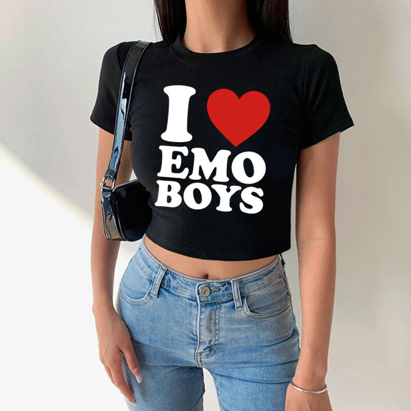 I LOVE EMO BOYS All-Match Fashion Letter Printed Round Neck Short Top European and American Spice Girls Navel T-Shirt