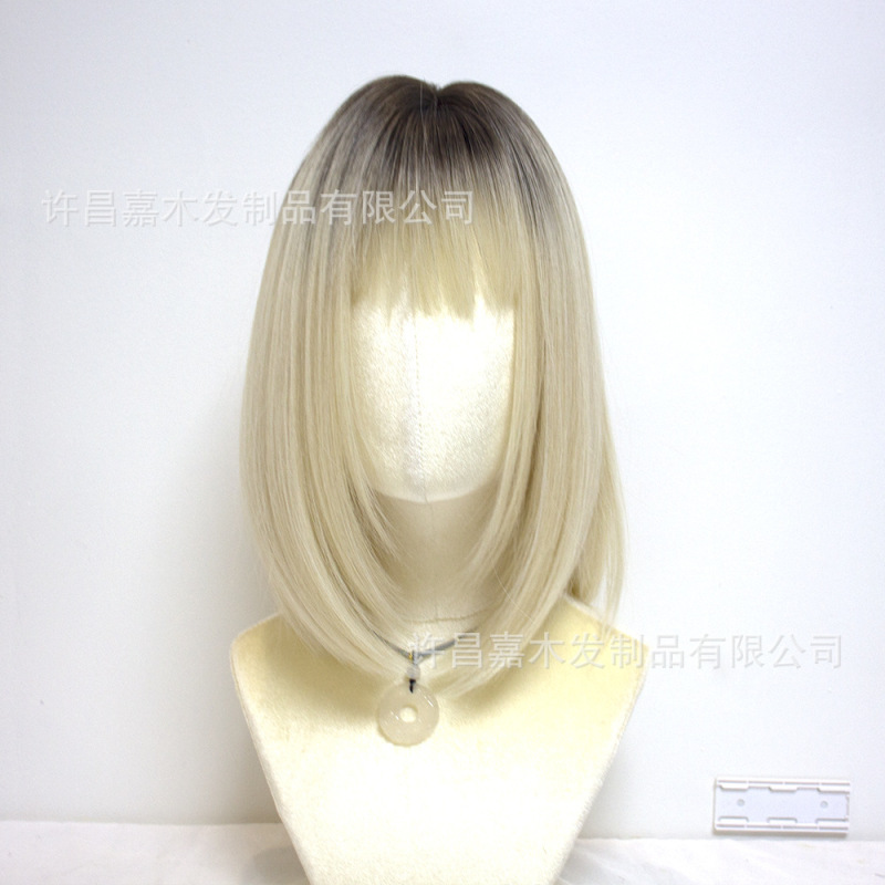 Temu人気ストレートかつら女性茶色グラデーション金色前髪波頭短髪全頭カバー染色ボブWig|undefined