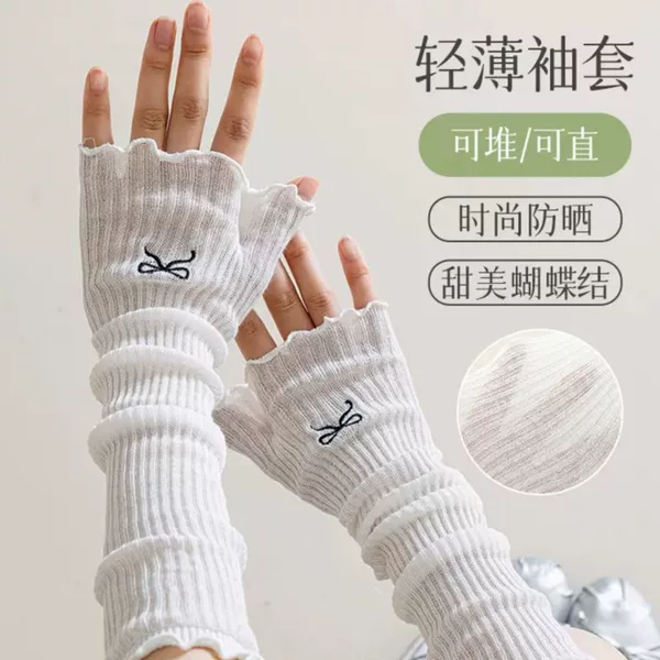Summer Sleeve Women's Ultra-thin Bow Embroidered Hundred-tower Ear Black and White Breathable Half-sleeve Gloves