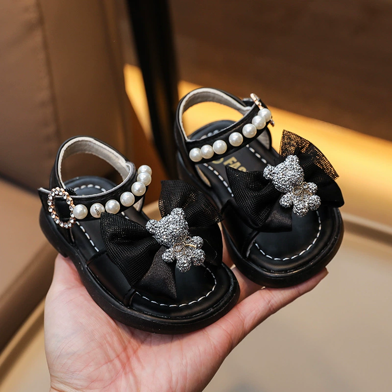 Summer children's footwear for early age with velcro, sandals with bow for princess, 0-3 years, soft sole