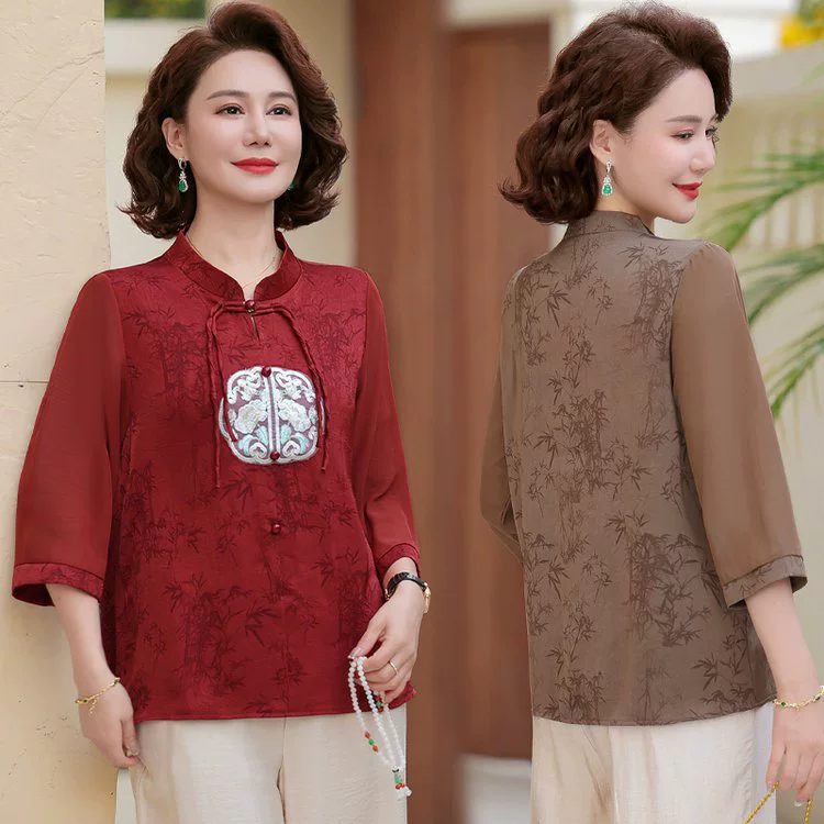 2025 новый стиль мама новая китайская рубашка весенняя женская одежда среднего и пожилого возраста национальная мода иностранная рубашка топ женский