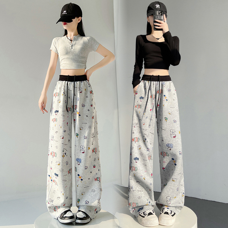 2026 Cartoon Hand-Drawn Graffiti Sweatpants for Women, Spring New Style Drawstring Elastic Waist Scimitar Pants, Lazy Style Casual Long Pants