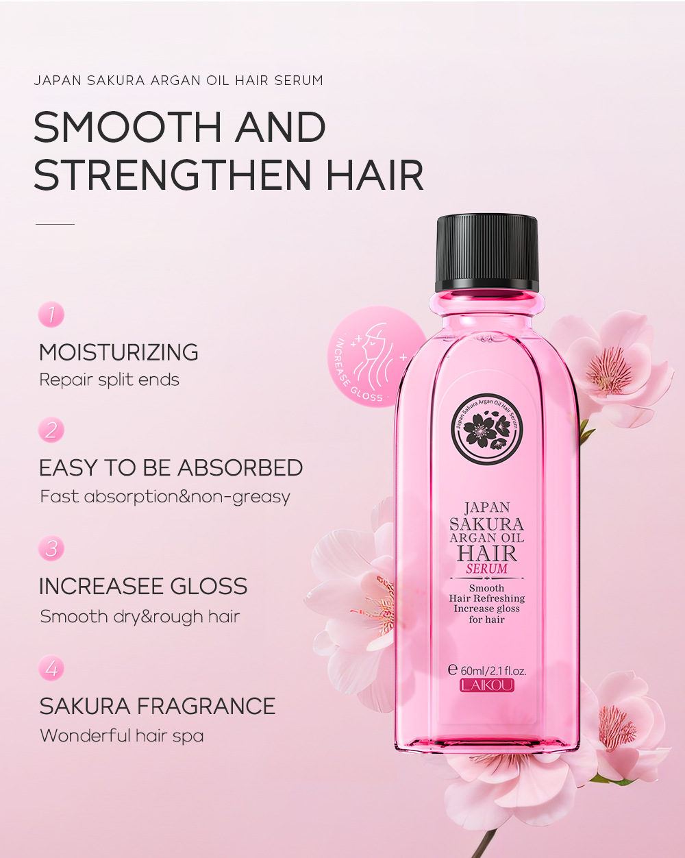 Óleo essencial de flor de cerejeira japonesa Laikou, 60ml, para cuidados com os cabelos, embalagem em inglês_voghion.com