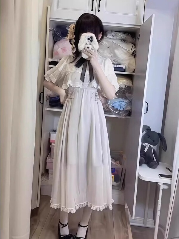 日系甜美蝴蝶结斗篷连衣裙女夏季2025新款千金感蕾丝拼接收腰长裙|undefined