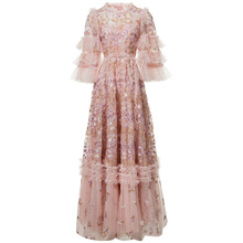 重工刺绣花粉色喇叭中袖荷叶边礼服大摆连衣裙 欧美女装夏秋2025