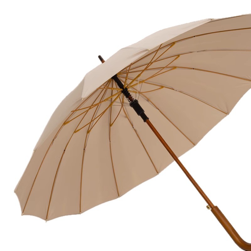 Paraguas grande de mango largo con 16 varillas para hombre, reforzado y resistente, resistente al viento, de doble propósito para sol y lluvia, paraguas doble vintage de madera para mujer.