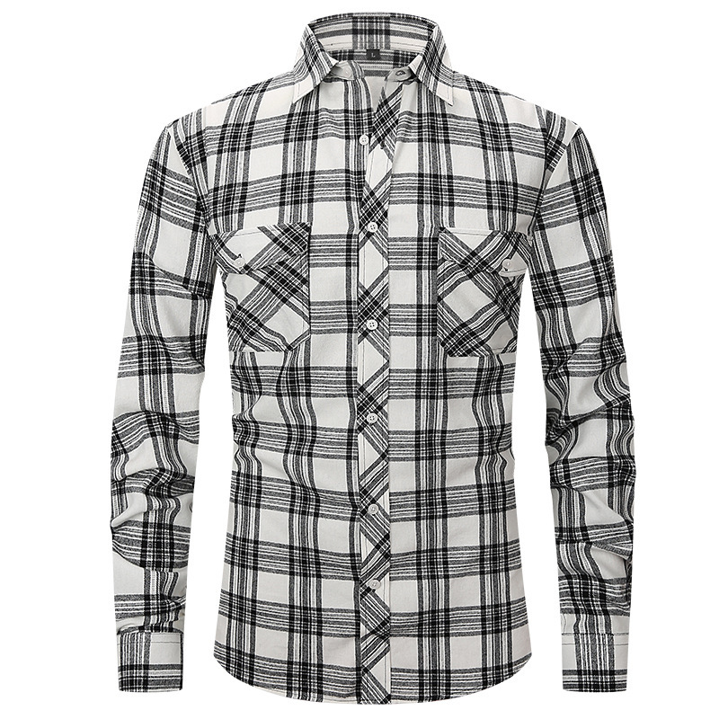Spring and Summer Slim Fit Aliexpress Fashion Brushed Plaid High-Grade Long-Sleeved Double Pocket Flannel Men's Shirt Shirt