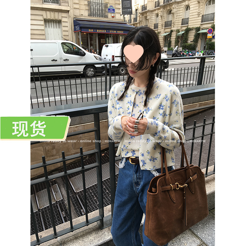Mona 100 Wool High-End Design Niche Floral Cardigan Pullover Knitwear Top for Small Women New Style