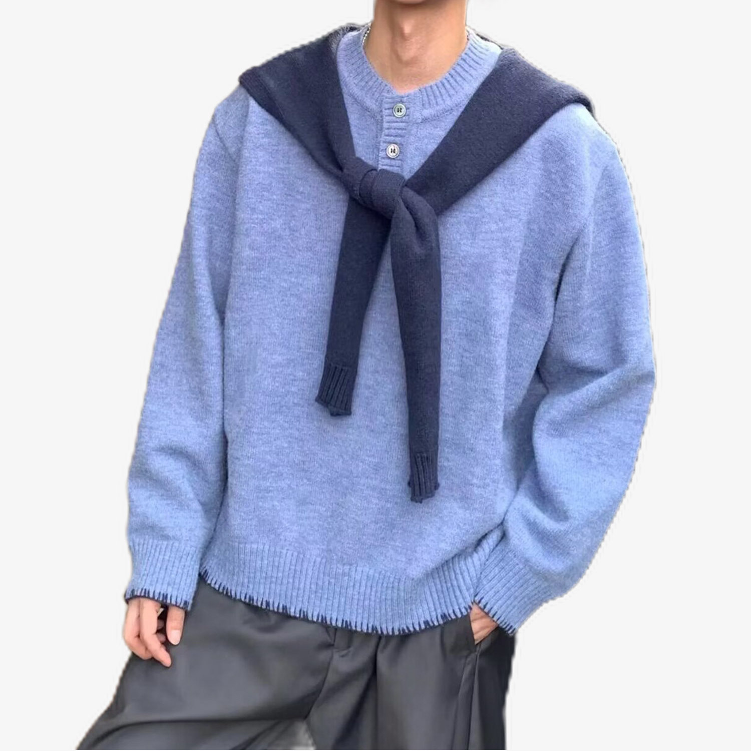 Explosiones transfronterizas de tamaño grande europeo falso dos piezas de diseño de chal jersey suéter hombre perecido henry collar fábrica al por mayor