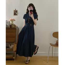 V领正肩牛仔连衣裙2025新款夏季大码胖mm收腰遮肚子a字感长裙