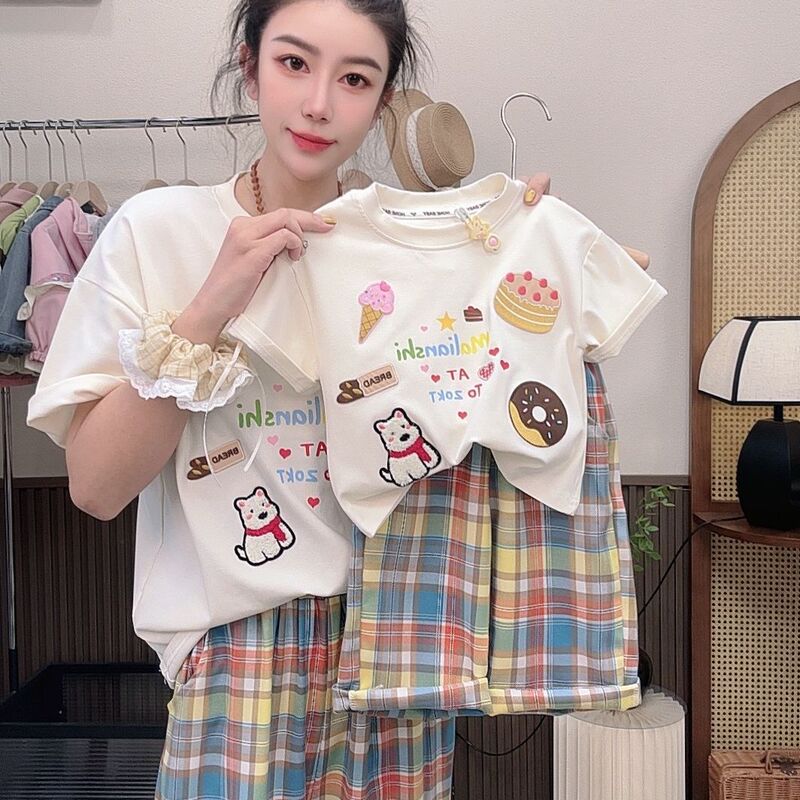 2025 Rainbow Cake Summer New Homemade Heavy Embroidery Girls' Family Dress Short-sleeved T-shirt Prellis Pants suit