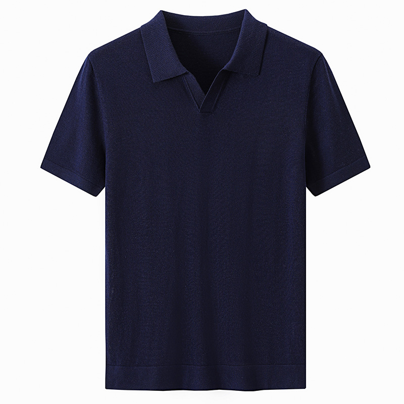Men's Worsted Wool Sweater Easy Care Spring & Fall Short-Sleeved Scissor Collar Thin Worsted Sweater T-Shirt Business Pure Color Knitwear