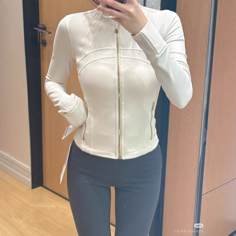 Lu's Same Classic Ribbed Short Sports Jacket Yoga Coat for Women, Fitness Wear, Naked-Feel Stand Collar, Slim Fit, Quick-Dry, Long Sleeves