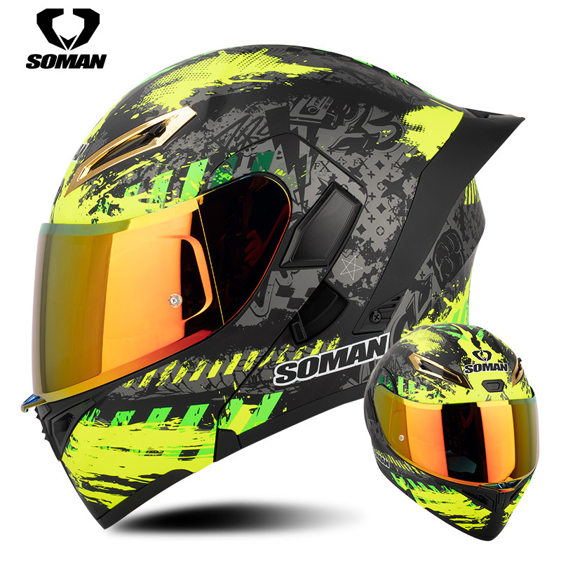 New SOMAN Motorcycle Helmet, Riding Full-face with Dual Mirrors, Removable Visor, Upgraded SM955S with Color Film