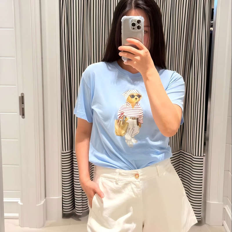 R~High-End Version Furry Hat Bear 26 New Model Unisex Blue Bear Short-Sleeve T-Shirt Printed Thin Top