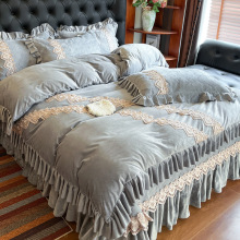 2025新款秋冬季韩式花边纯色宝宝绒加厚床盖款四件套法兰绒灰跨境