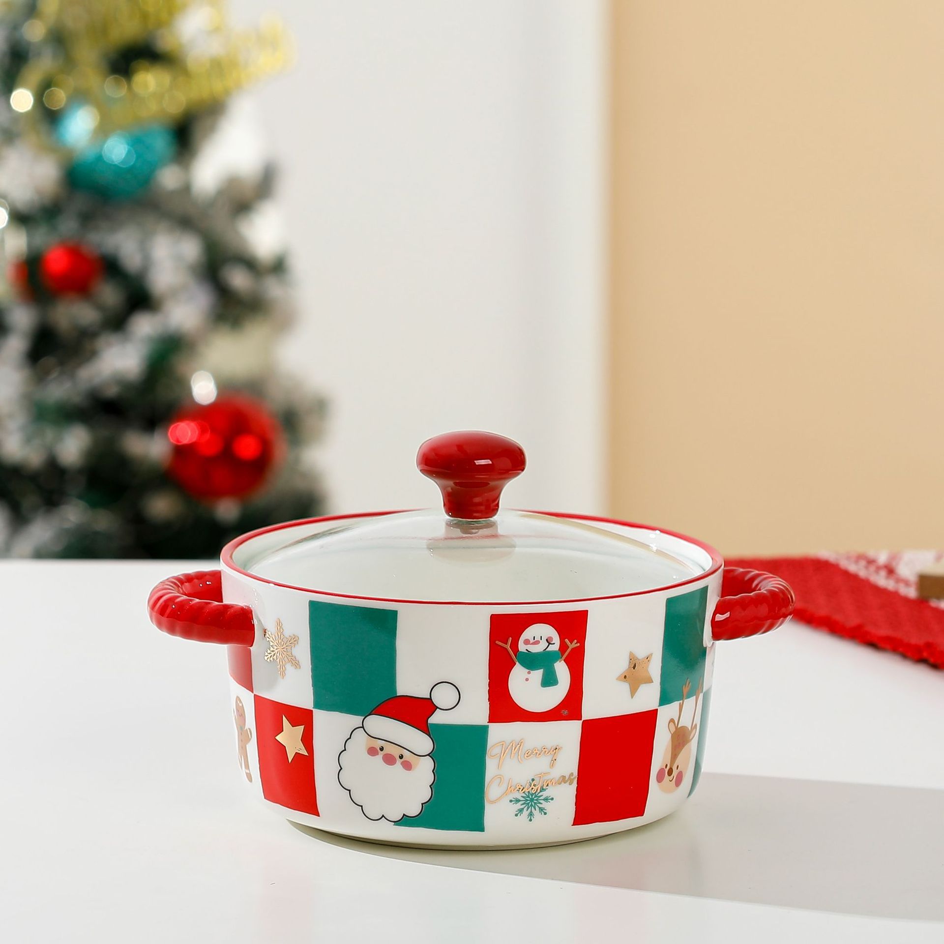 Cuenco de fideos instantáneos de cerámica con tapa de Navidad