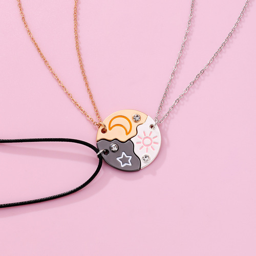 Cross-border new product Star Moon three-person chain high-end design alloy dripping oil splicing round pendant set necklace