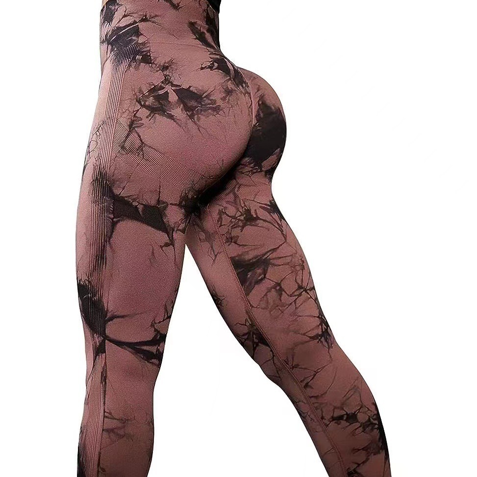 Pantalones de fitness de secado rápido de cadera teñidos anudados de cintura alta europeos y americanos, pantalones de yoga de nueve puntos de entrenamiento de compresión de levantamiento de cadera de melocotón transpirable