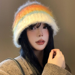 多巴胺彩色拼色渔夫帽女秋冬毛绒保暖针织毛线帽大头围显脸小帽子
