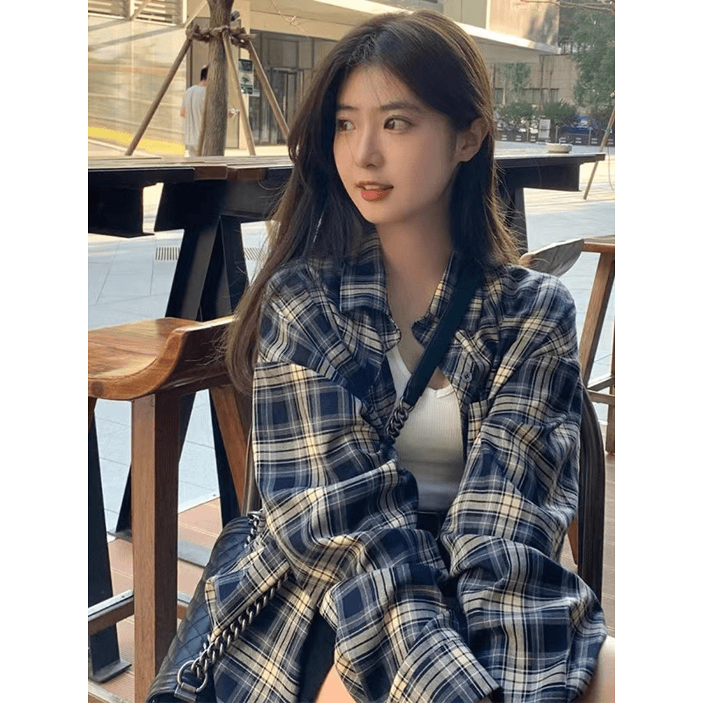 港味宽松显瘦慵懒风薄款衬衫2024早秋设计感格子衬衫复古小众外套