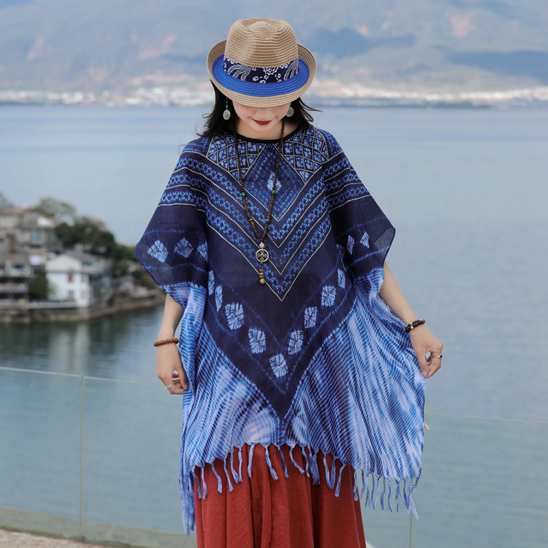 2023 nuevo estilo étnico retro Viaje nuevo chal de protección solar teñido de algodón fino y lino siente borla bufanda para mujeres