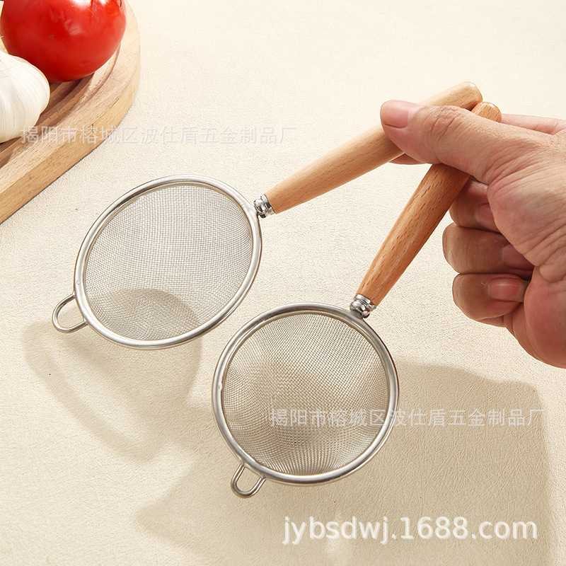304 不锈钢日式木柄网漏豆浆渣茶叶过滤网面粉网筛厨房用烘焙工具|undefined