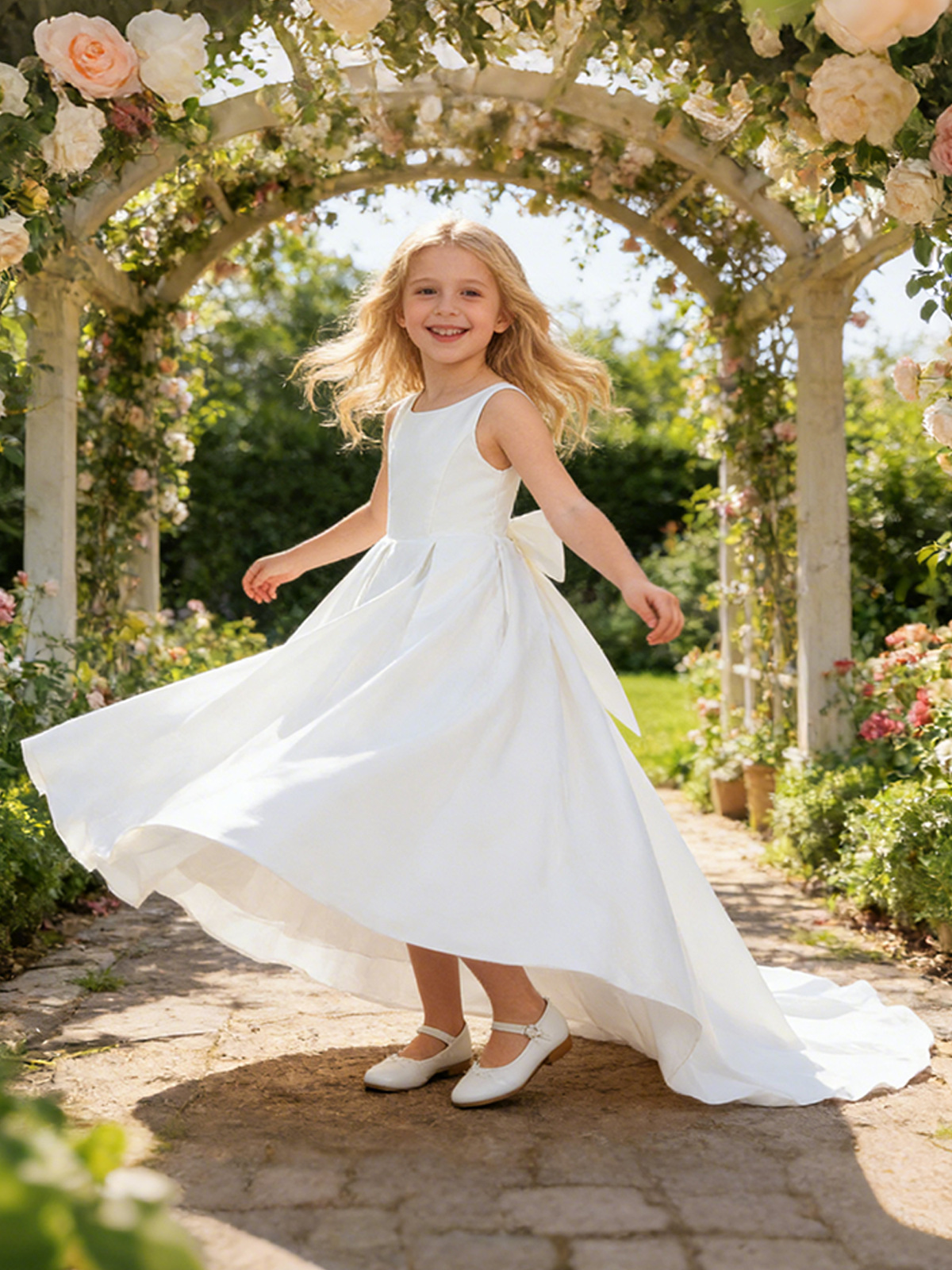 Niñas europeas y americanas trailing vestido de gran tamaño, satin, gran arco, vestido de princesa, vestido de fiesta para niños.