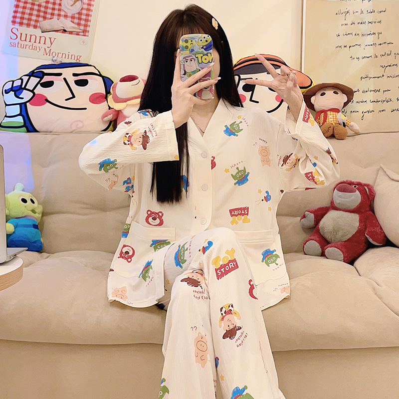 Sweet Girl pijamas mujeres de punto algodón ruffle Otoño Invierno manga larga pantalones y cuello cardigan inicio desgaste traje casual