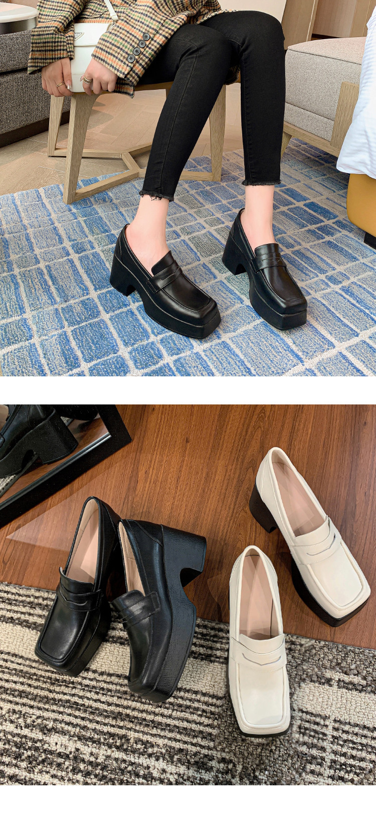 Giày loafer nữ đế xuồng cao gót phong cách Anh, mũi tròn, da thật, xỏ chân tiện lợi — màu đen chi tiết 13