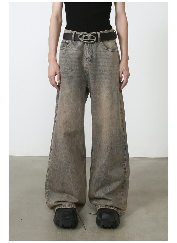 Quần jeans nam ống rộng phong cách retro, dáng suông dài chạm gót, lưng cạp vừa — Vàng gỉ chi tiết 9